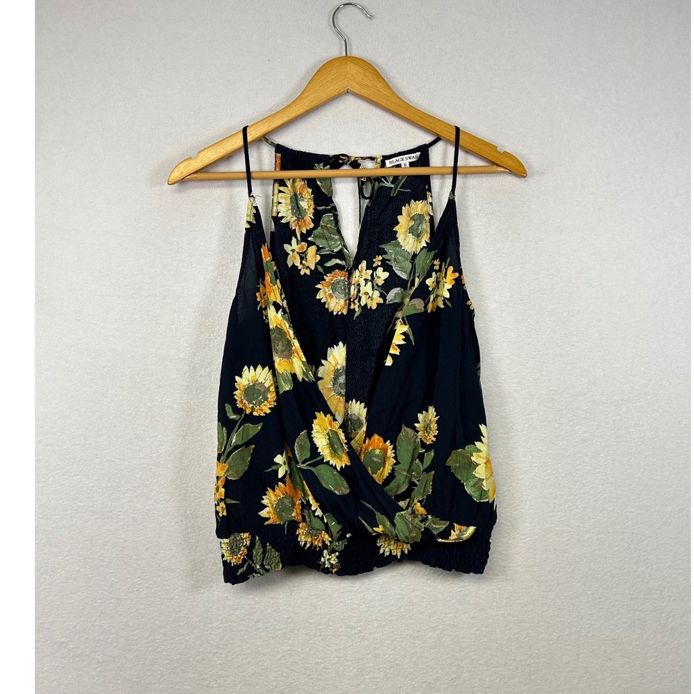 BLACK SWAN Womens Sunflower Print Wrap Front Halter Neck Smocked Hem Top M